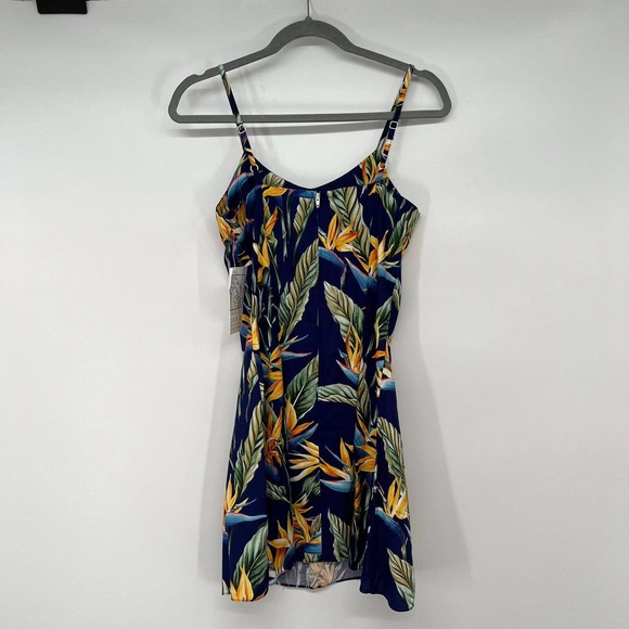 NWT Paradise Found Hawaiian Flare Mini Dress Sz S Blue Floral Print Spaghetti - Picture 2 of 9